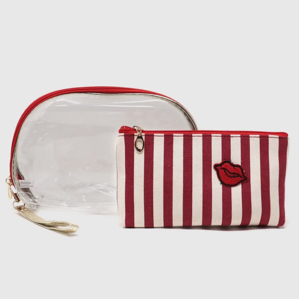 BLACK OR RED 2 PC Stripe Cosmetic Bag Set - Picture 2 of 4